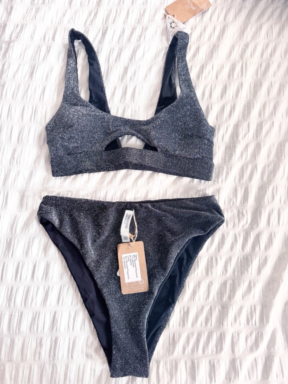NWT Berlook Black Lurex Cut Out Bikini Size Small Top Medium Bottom Sparkle